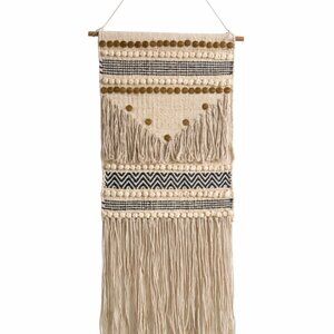 Bohemian Woven Wall Hanging Tapestry | Beige & Black | 36” Long